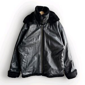 Chamois Genuine Leather Aviator Jacket Men’s 2XL Black Hood Faux Fur Trim Coat